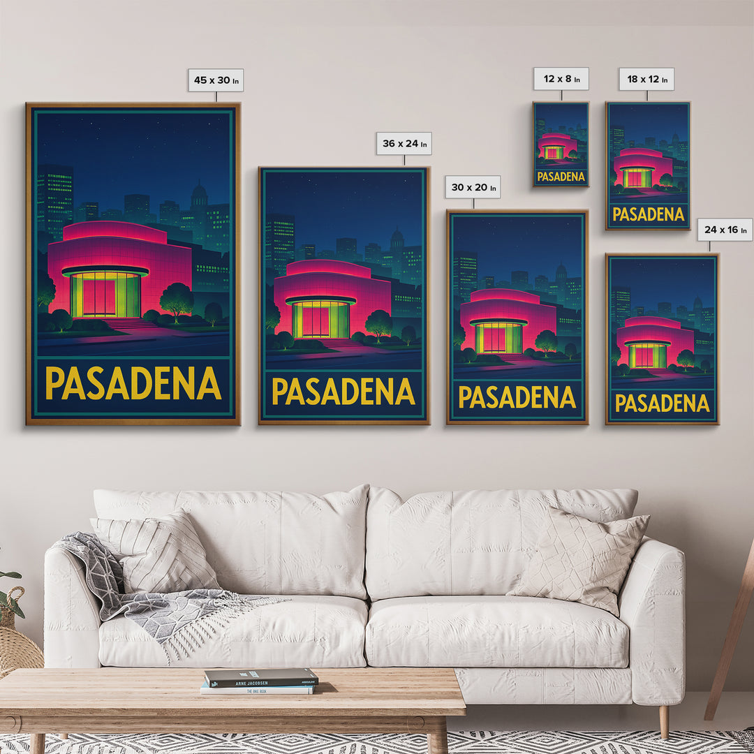 Pasadena Travel Poster, Framed Canvas Print, Retro Neon Travel Art, Pasadena Travel Art, Fine Art Print, Living Room Wall Art, Design 2