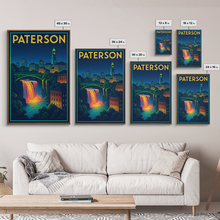 Paterson Travel Poster, Framed Canvas Print, Electric Night Poster Art, Paterson Wall Art, City Travel Prints, Home Office Decor