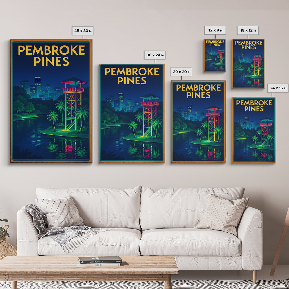 Pembroke Pines Travel Poster, Framed Canvas Print, Electric Night Poster Art, Pembroke Pines City Art, Mid Century Wall Art, Travel Gift