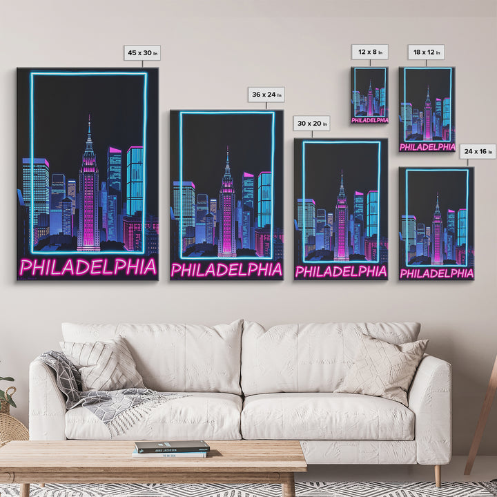 Philadelphia Travel Poster, Canvas Print, Retro Neon Travel Art, Philadelphia City Art, City Travel Prints, Gift For Travelers