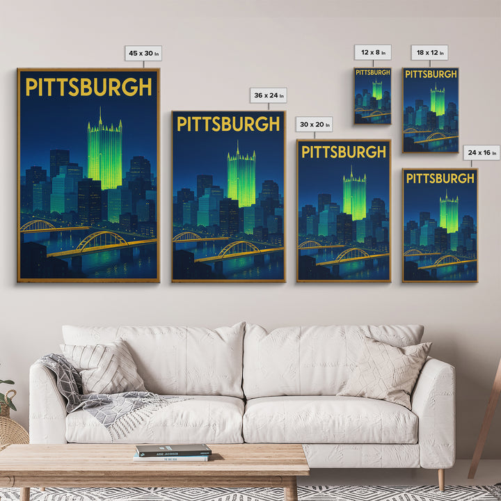 Pittsburgh Travel Poster, Framed Canvas Print, Electric Night Poster Art, Pittsburgh Art Print, Vintage City Poster, Vintage Travel Art