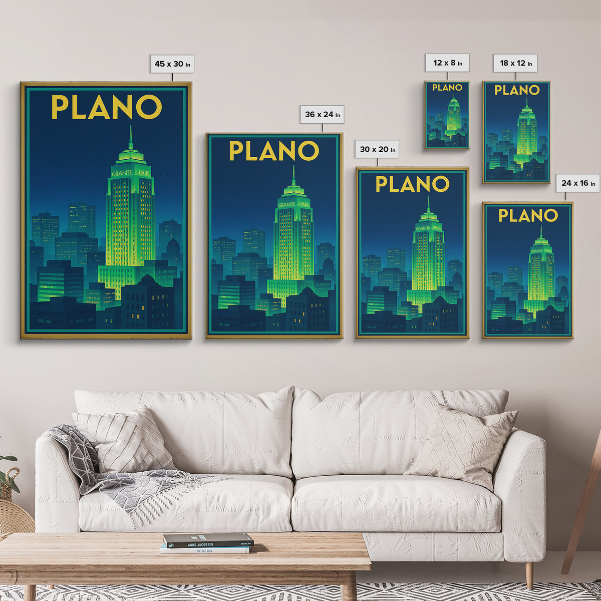 Plano Travel Poster, Framed Canvas Print, Electric Night Poster Art, Plano Travel Art, Watercolor Urban Skyline, Modern Wall Decor