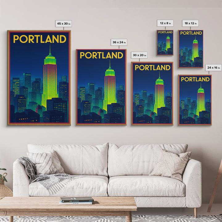 Portland Travel Poster, Framed Canvas Print, Cyberpunk Style City Art, Portland Wall Art, Fine Art Print, Watercolor Skyline