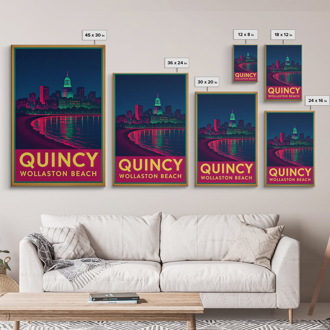 Quincy Massachusetts Travel Poster, Canvas Print, Retro Neon Travel Art, Quincy Travel Art, Travel Wall Decor, Home Office Decor, Art Print