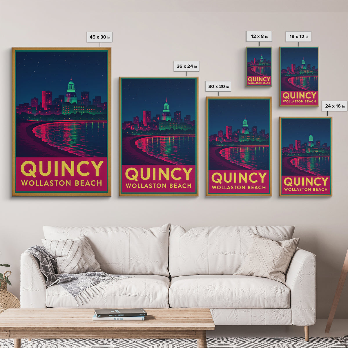 Quincy Massachusetts Travel Poster, Canvas Print, Retro Neon Travel Art, Quincy Travel Art, Travel Wall Decor, Home Office Decor, Art Print