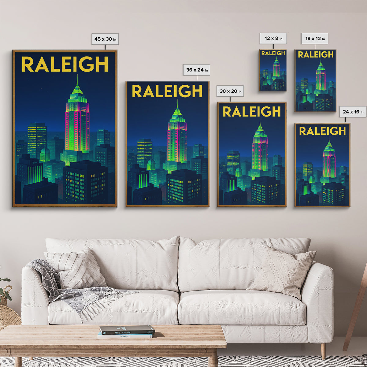 Raleigh Travel Poster, Framed Canvas Print, Retro Neon Travel Art, Raleigh Travel Art, Travel Poster Set, Gift For Travelers, Home Decor