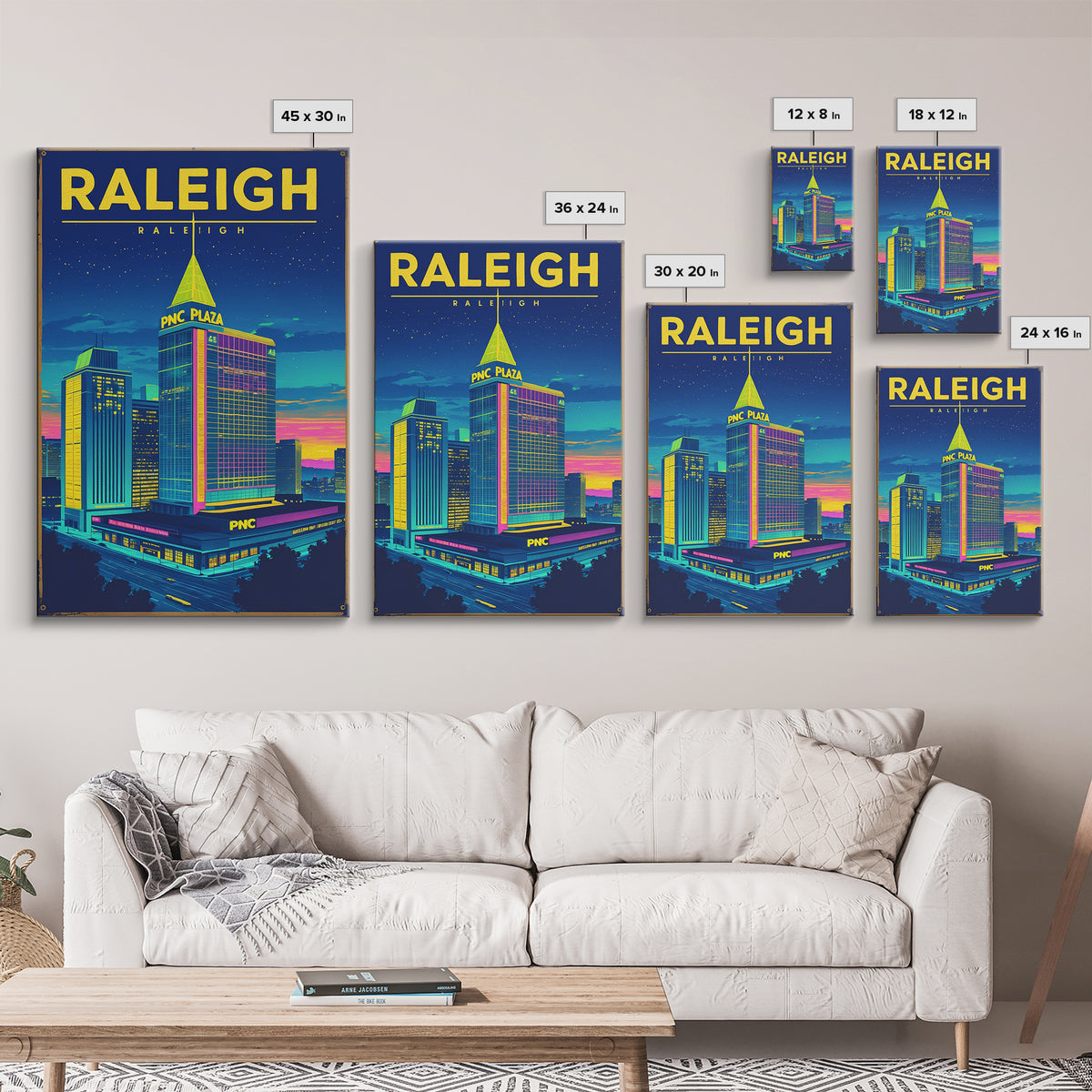 Raleigh Travel Poster, Framed Canvas Print, Electric Night Poster Art, Raleigh Art Print, Vintage Travel Art, City Illustration