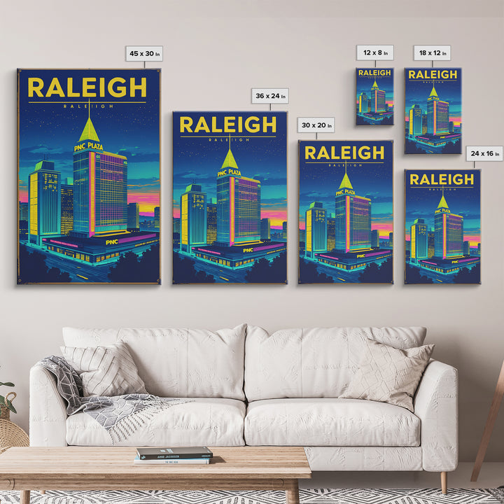 Raleigh Travel Poster, Framed Canvas Print, Electric Night Poster Art, Raleigh Art Print, Vintage Travel Art, City Illustration