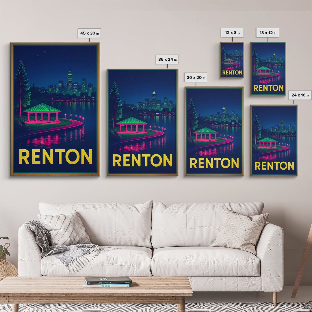 Renton Washington Travel Poster, Canvas Print, Neon Downtown Skyline Wall Art, Renton Travel Art, Travel Prints, Wanderlust Decor, Art Print