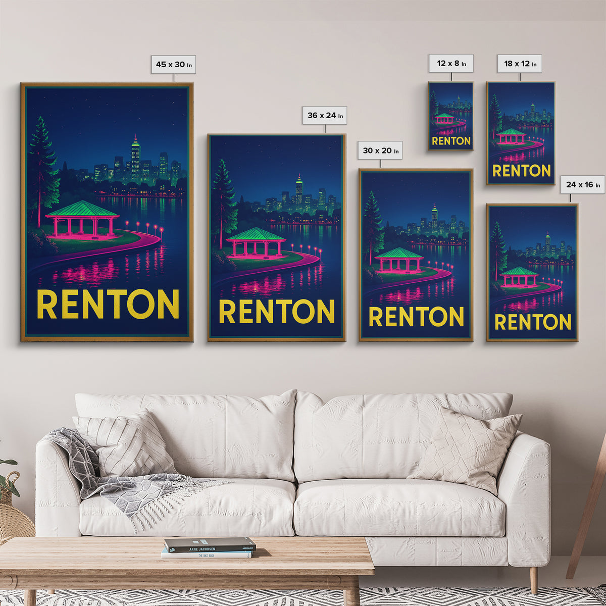 Renton Washington Travel Poster, Canvas Print, Neon Downtown Skyline Wall Art, Renton Travel Art, Travel Prints, Wanderlust Decor, Art Print