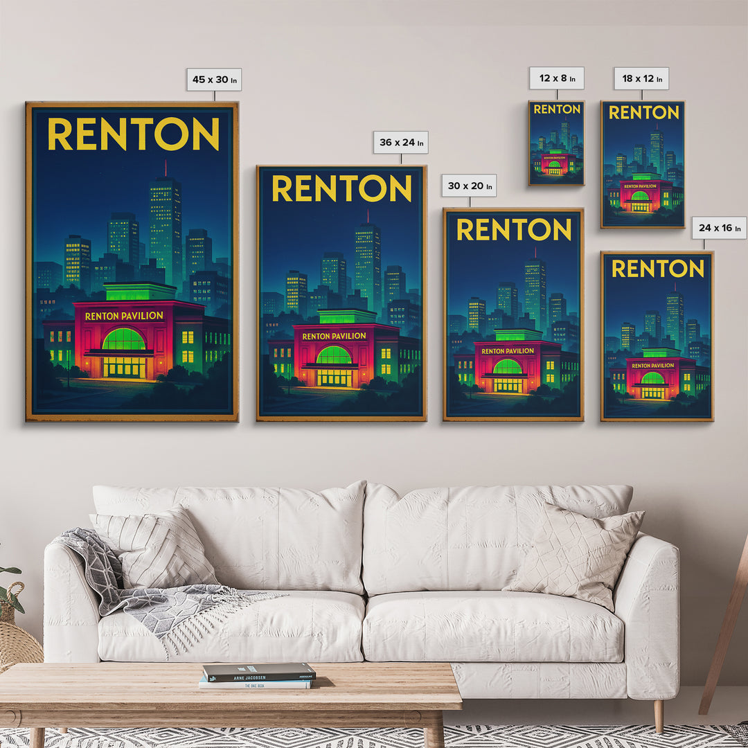 Renton Travel Poster, Canvas Print, Electric Night Poster Art, Renton Art Print, Living Room Wall Art, Vintage City Art, Fine Art Print