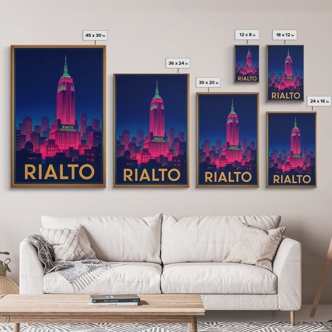 Rialto California Travel Poster, Canvas Print, Electric Night Poster Art, Rialto Wall Art, Travel Art, Travel Print, Wanderlust Decor