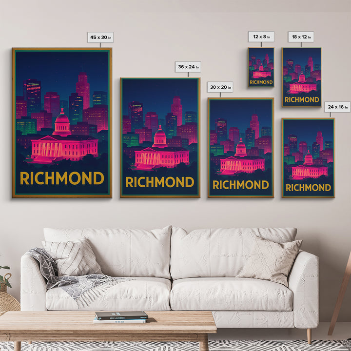 Richmond Travel Poster, Canvas Print, Neon Cityscape Wall Art, Richmond Art Print, Travel Wall Decor, Travel Wall Art, City Illustration