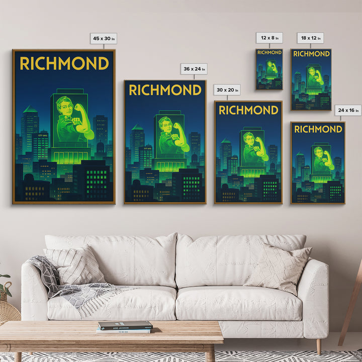 Richmond Travel Poster, Framed Canvas Print, Electric Night Poster Art, Richmond City Art, Wanderlust Decor, Living Room Wall Art