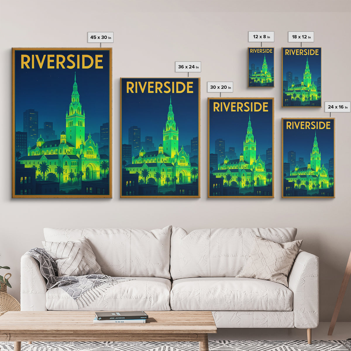 Riverside Travel Poster, Canvas Print, Neon City Skyline Wall Art, Riverside City Art, Living Room Wall Art, Eclectic Wall Decor, Wall Art