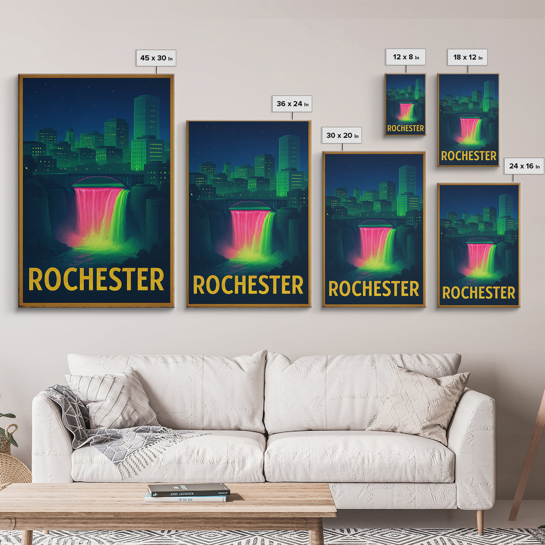 Rochester New York Travel Poster, Framed Canvas Print, Retro Neon Travel Art, Rochester Art Print, Mid Century Wall Art, Eclectic Wall Decor