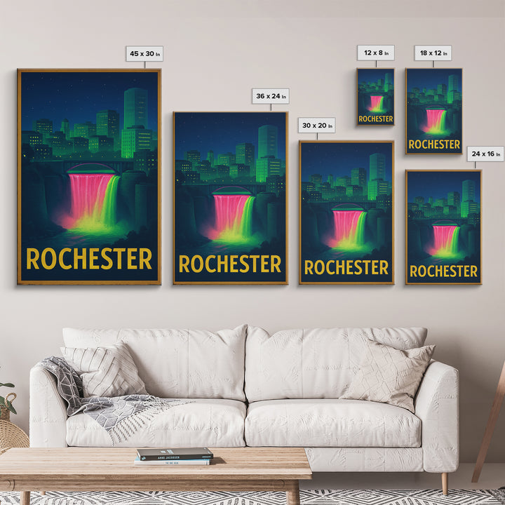 Rochester New York Travel Poster, Framed Canvas Print, Retro Neon Travel Art, Rochester Art Print, Mid Century Wall Art, Eclectic Wall Decor