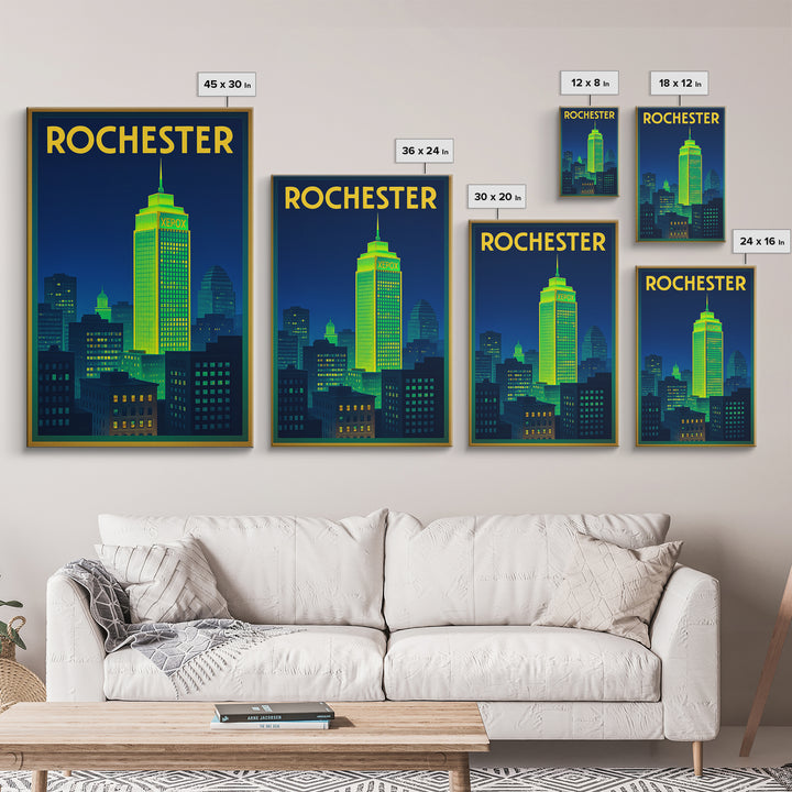 Rochester Travel Poster, Framed Canvas Print, Electric Night Poster Art, Rochester Travel Art, Wanderlust Decor, Watercolor Skyline Art