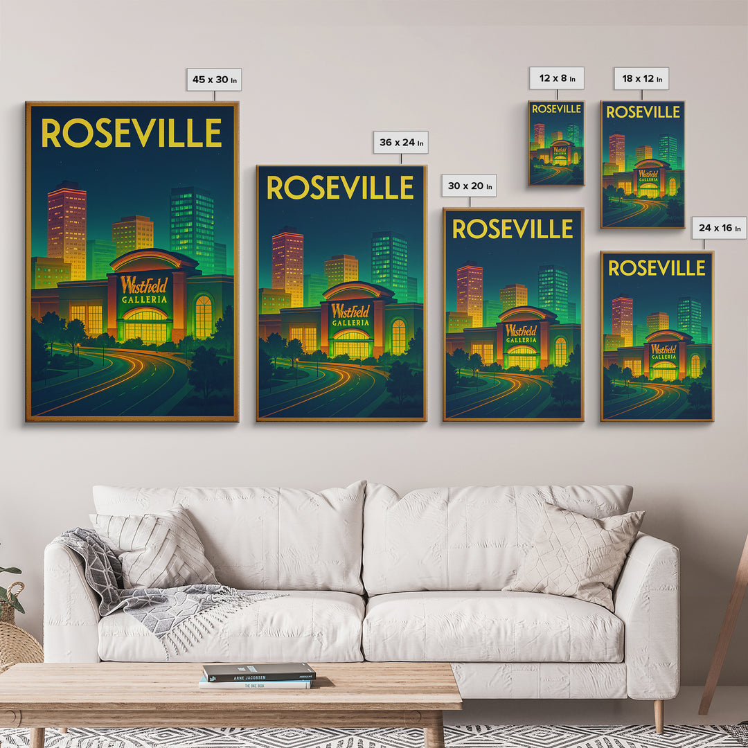 Roseville Travel Poster, Framed Canvas Print, Neon Skyline Art Wall Art, Roseville Poster Print, Home Office Decor, City Illustration