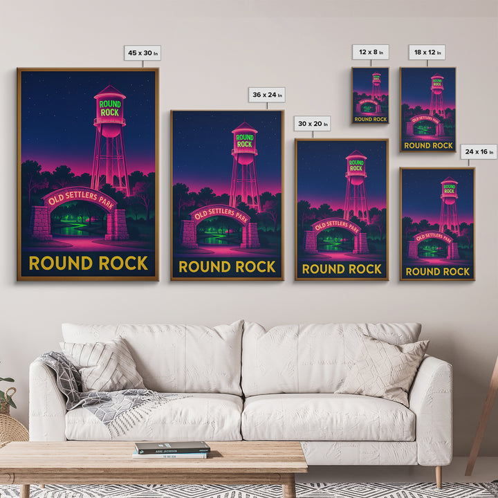 Round Rock Texas Travel Poster, Canvas Print, Electric Night Poster Art, Round Rock City Art, Watercolor Downtown Skyline, Travel Poster Art