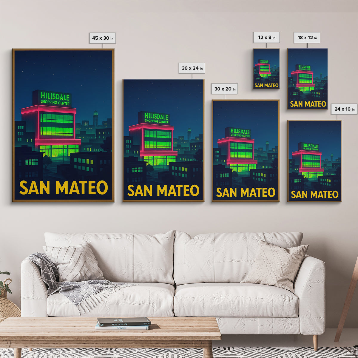 San Mateo California Travel Poster, Canvas Print, Electric Night Poster Art, San Mateo Travel Art, Living Room Wall Art, Vintage Travel Art