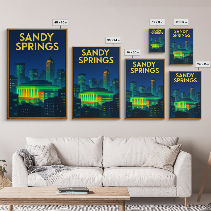 Sandy Springs Travel Poster, Canvas Print, Retro Neon Travel Art, Sandy Springs Travel Art, Travel Poster Set, Watercolor Downtown Skyline