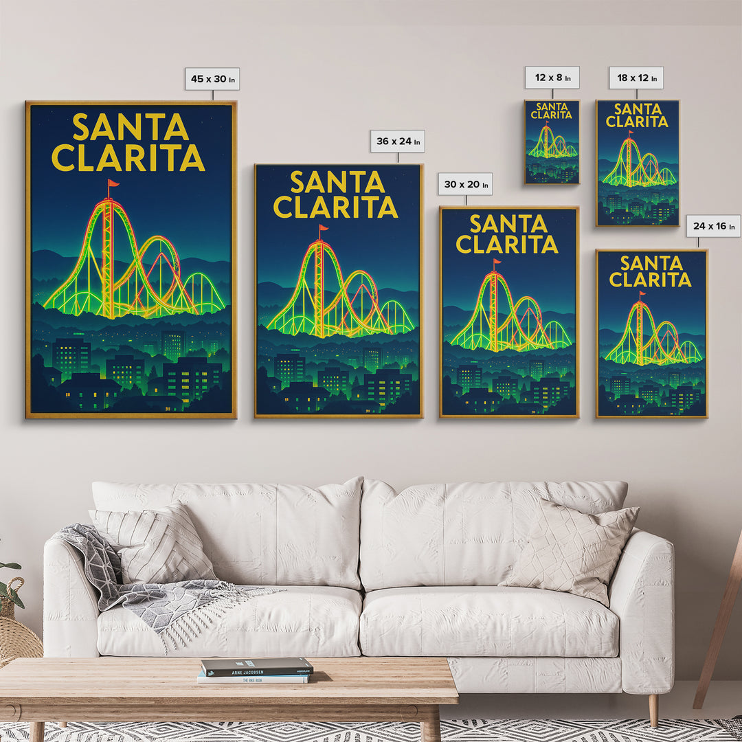 Santa Clarita Travel Poster, Framed Canvas Print, Retro Neon Travel Art, Santa Clarita Wall Art, Vintage City Poster, Retro Travel Print