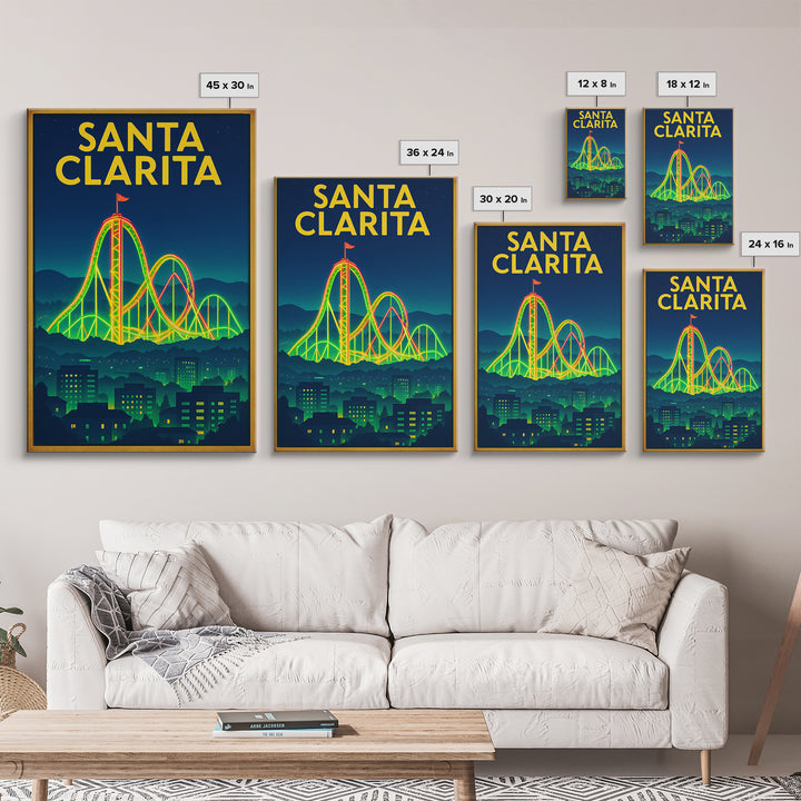 Santa Clarita Travel Poster, Framed Canvas Print, Retro Neon Travel Art, Santa Clarita Wall Art, Vintage City Poster, Retro Travel Print