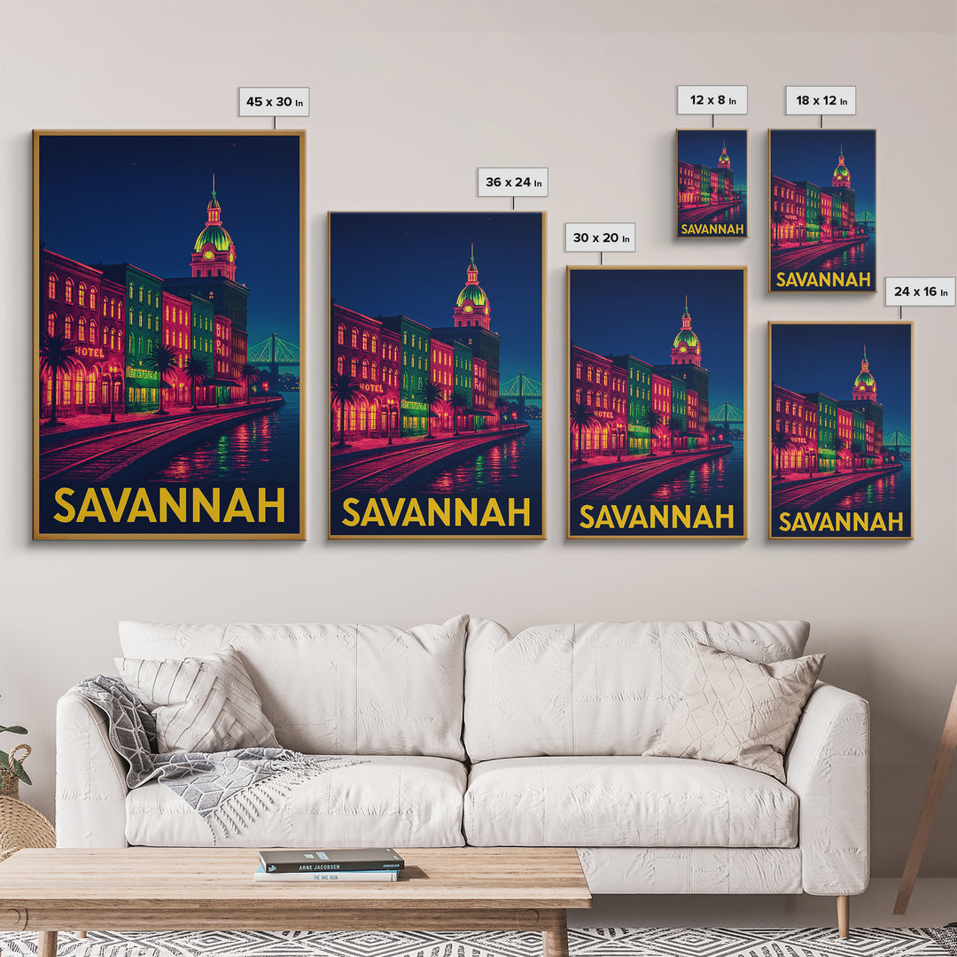 Savannah Georgia Travel Poster, Framed Canvas Print, Cyberpunk Style City Art, Savannah Wall Art, Retro Travel Print, Vintage Travel Print