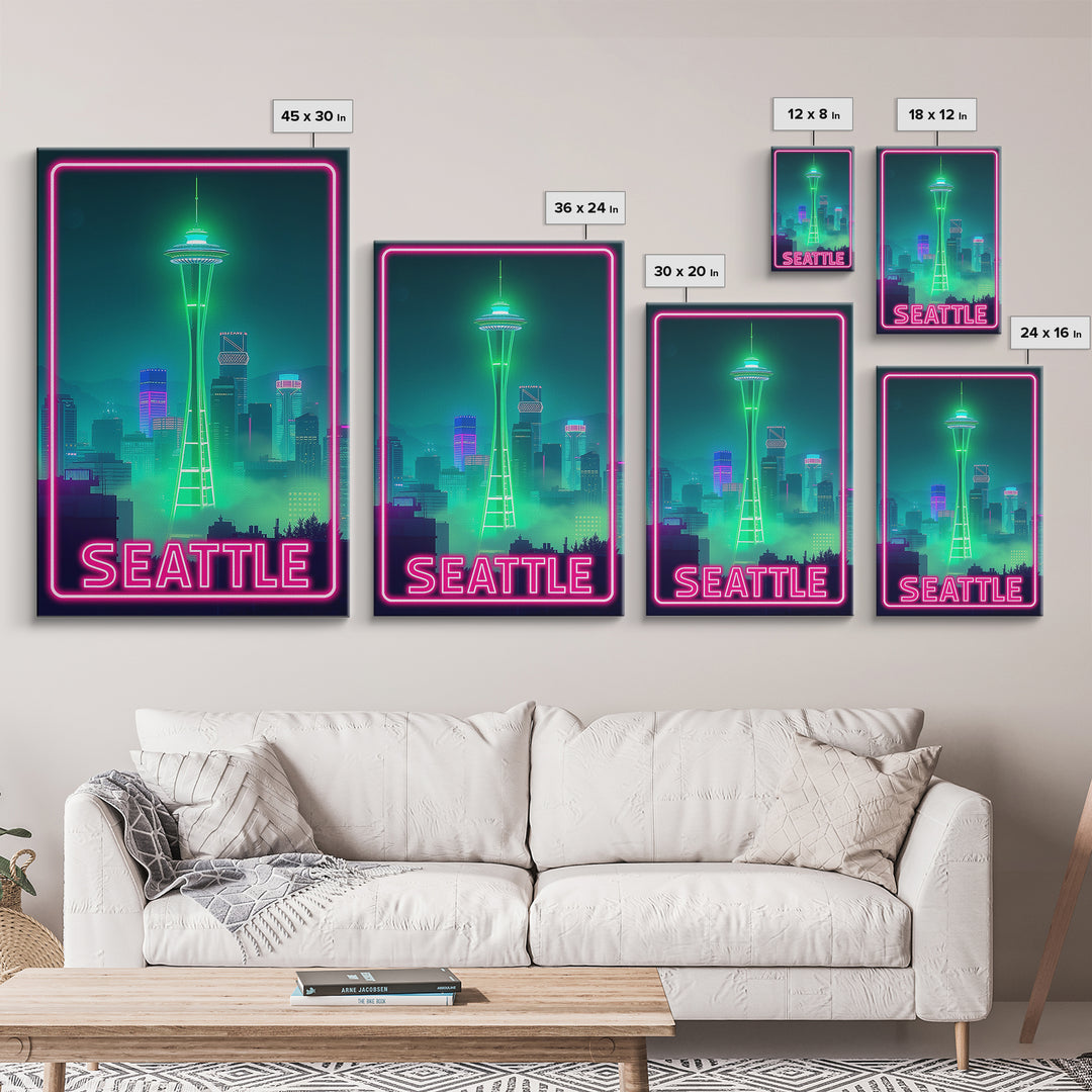 Seattle Travel Poster, Canvas Print, Electric Night Poster Art, Seattle Art Print, Vintage City Poster, Retro Travel Print, City Poster