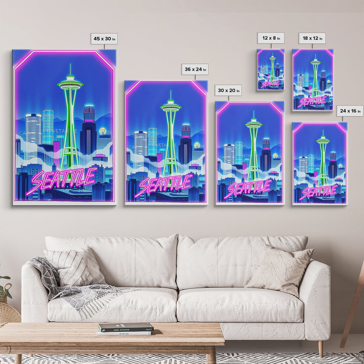 Seattle Travel Poster, Canvas Print, Cyberpunk Style City Art, Seattle City Art, Watercolor Skyline, City Travel Prints, Travel Wall Art