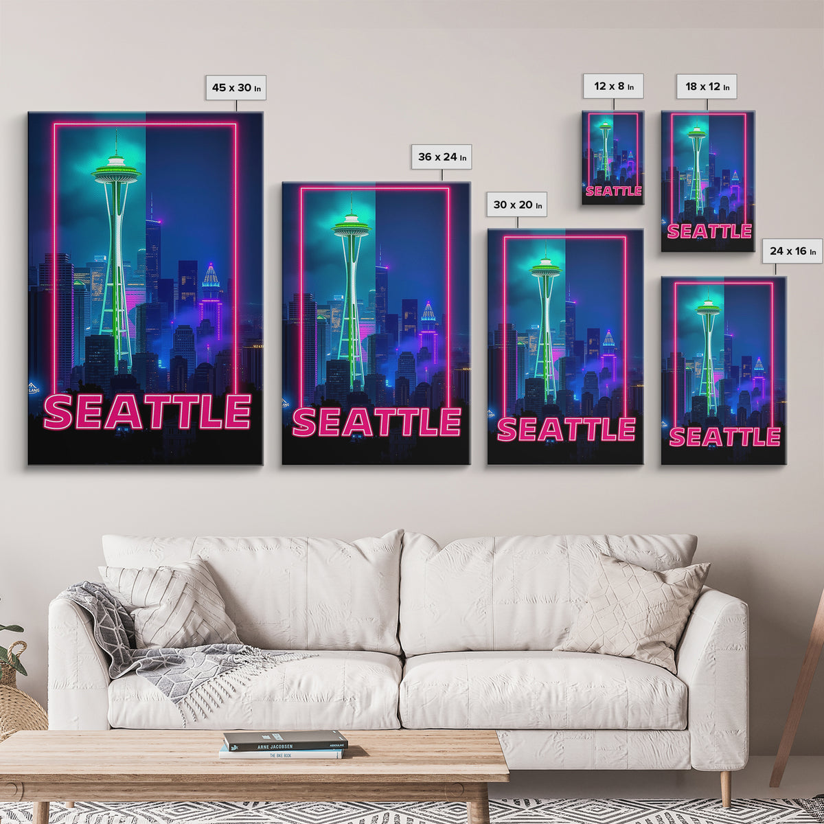 Seattle Travel Poster, Framed Canvas Print, Retro Neon Travel Art, Seattle City Art, Modern Wall Decor, Travel Wall Decor, Fine Art Print