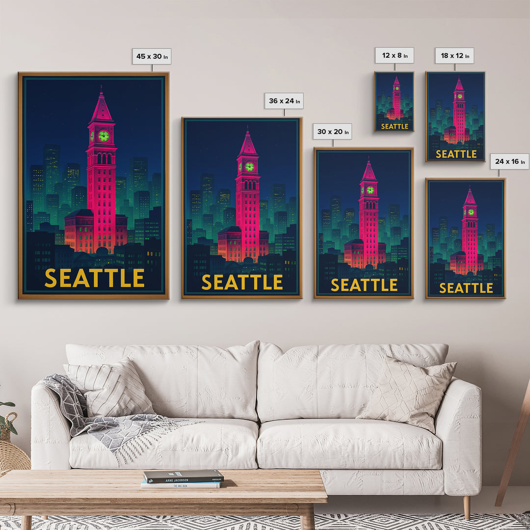Seattle Travel Poster, Framed Canvas Print, Cyberpunk Style City Art, Seattle Wall Art, Travel Wall Art, Vintage Travel Print, Design 5