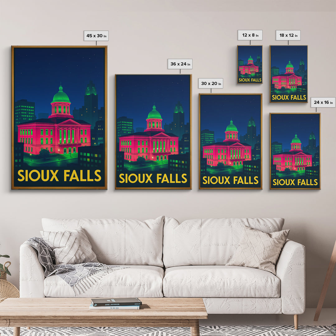 Sioux Falls South Dakota Travel Poster, Canvas Print, Neon Travel Art, Sioux Falls Print, Travel Poster Set, Watercolor Downtown Skyline