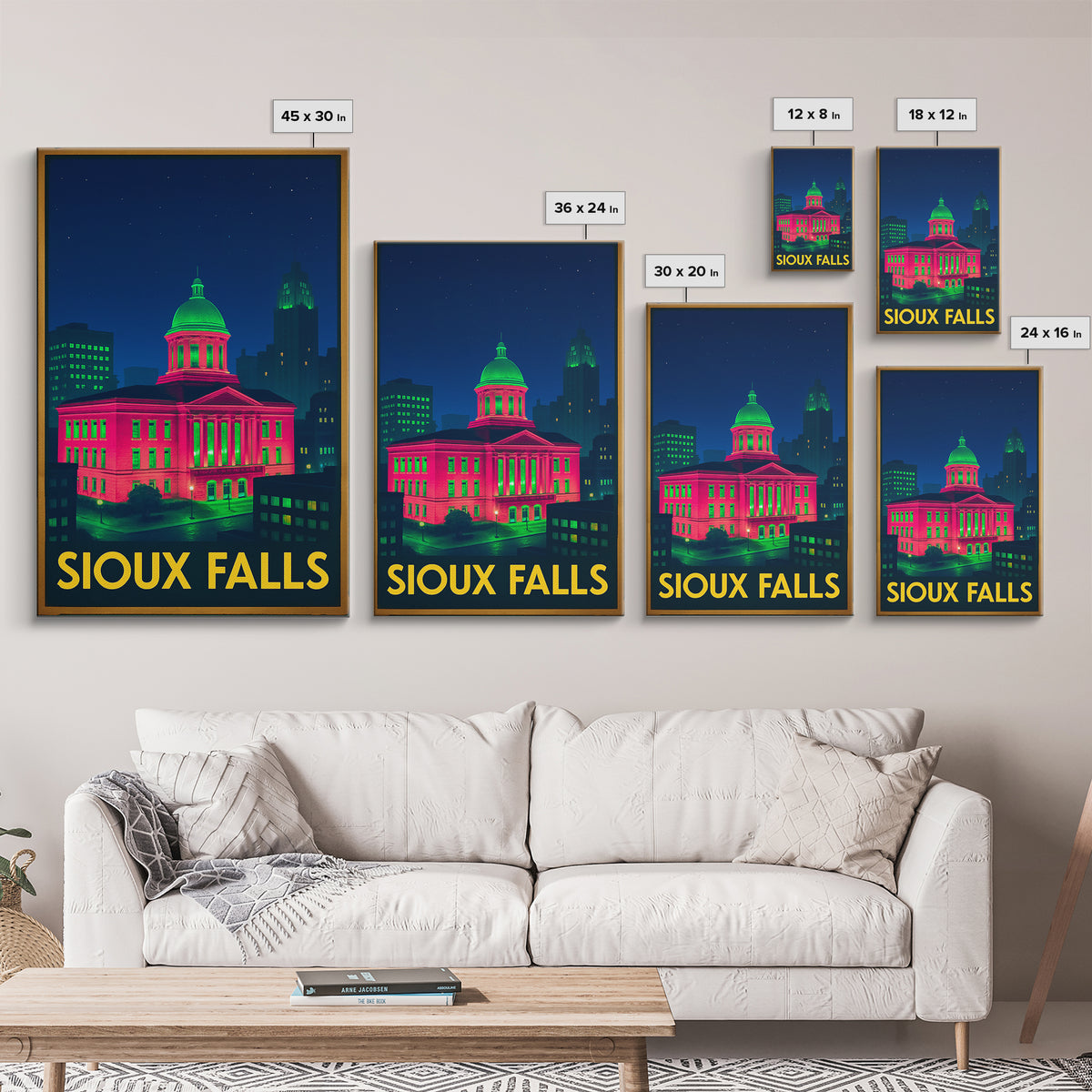Sioux Falls South Dakota Travel Poster, Canvas Print, Neon Travel Art, Sioux Falls Print, Travel Poster Set, Watercolor Downtown Skyline