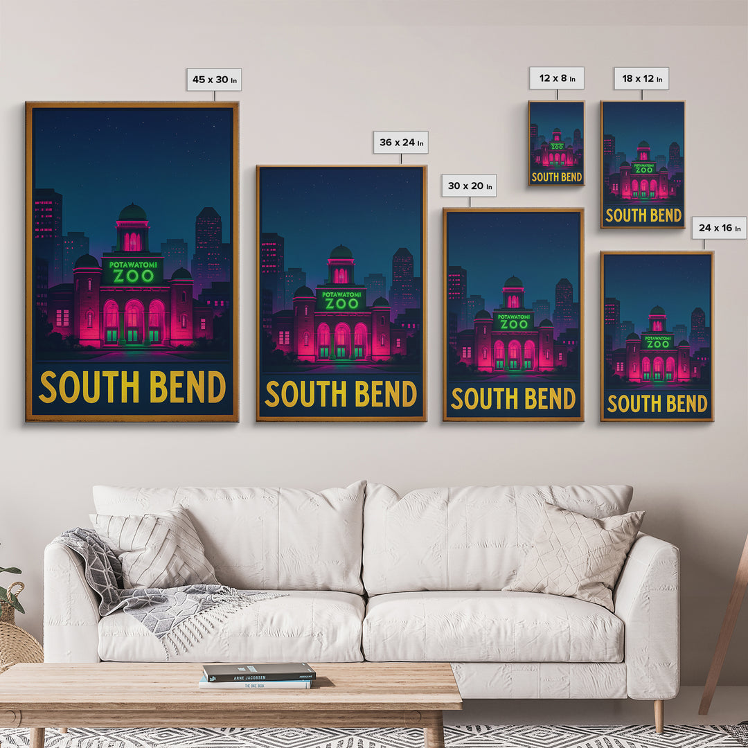 South Bend Indiana Travel Poster, Canvas Print, Neon Skyline Wall Art, South Bend City Art, Vintage Travel Print, Retro Travel Print
