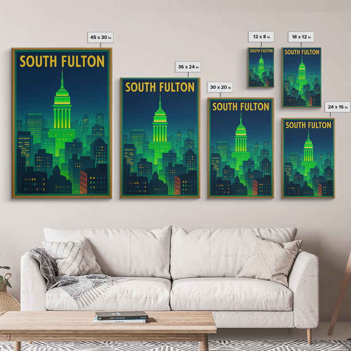 South Fulton Travel Poster, Canvas Print, Neon Urban Skyline Wall Art, South Fulton Art Print, Travel Poster Set, Living Room Wall Art