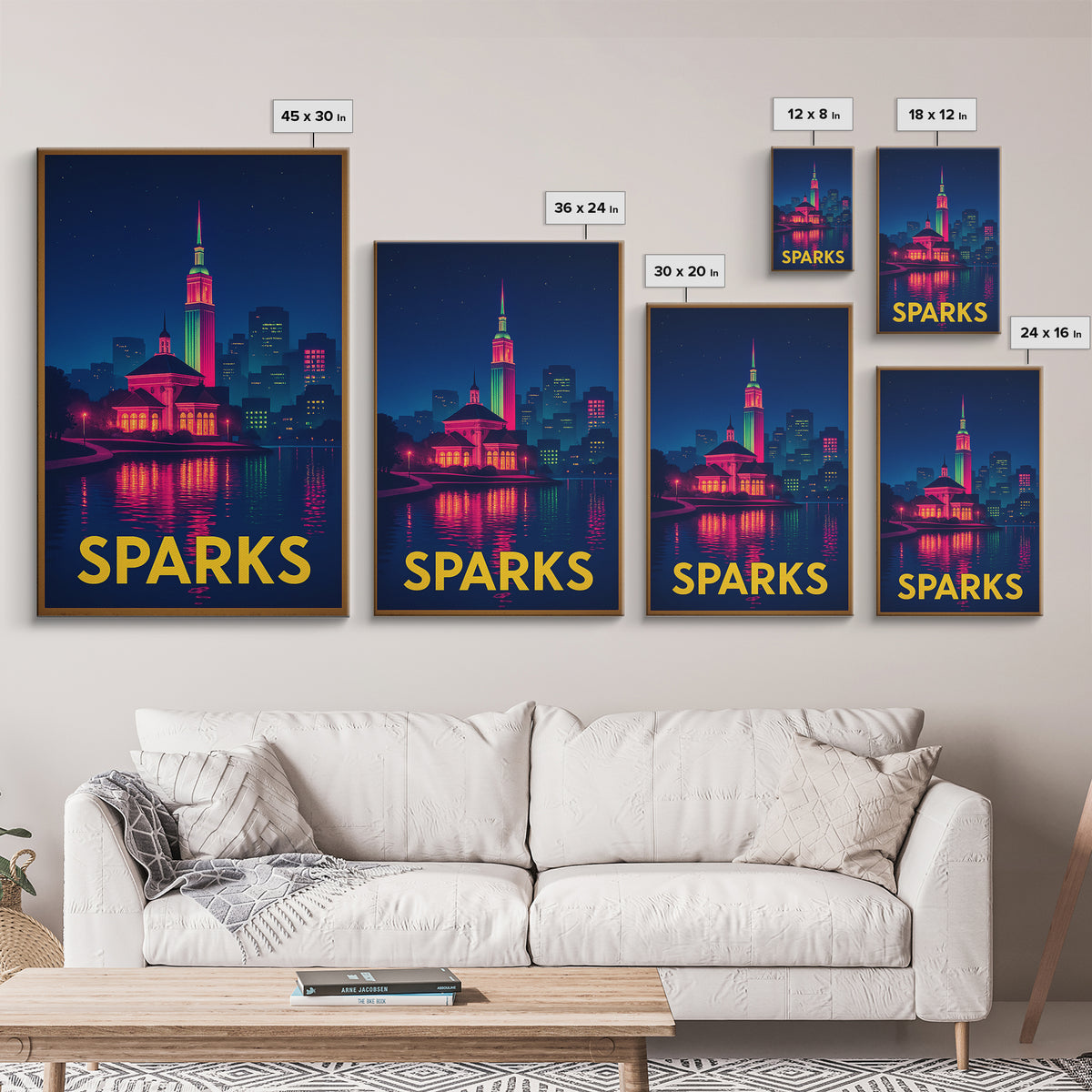 Sparks Nevada Travel Poster, Framed Canvas Print, Cyberpunk Style City Art, Sparks Poster Print, Travel Art Print, Mid Century Wall Art