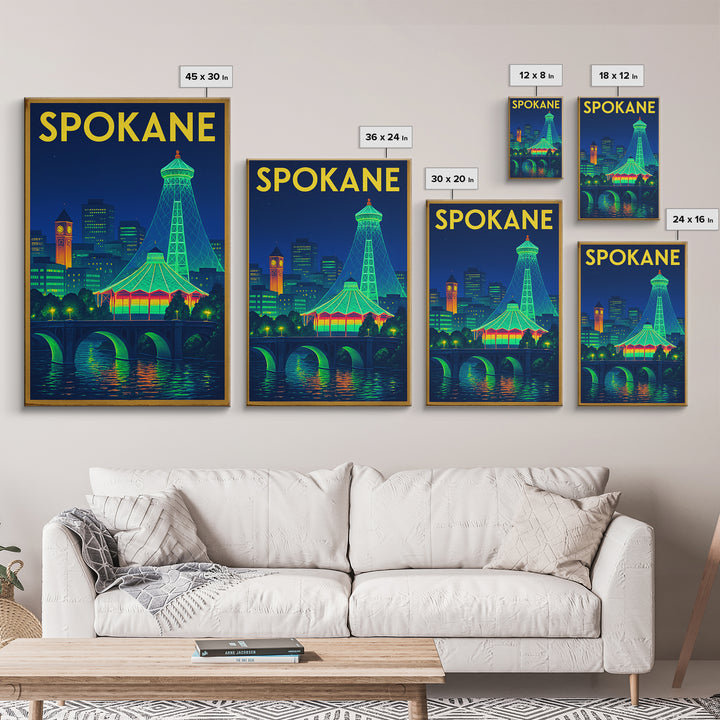 Spokane Travel Poster, Framed Canvas Print, Neon Skyline Wall Art, Spokane Travel Art, Travel Poster Set, Eclectic Wall Decor