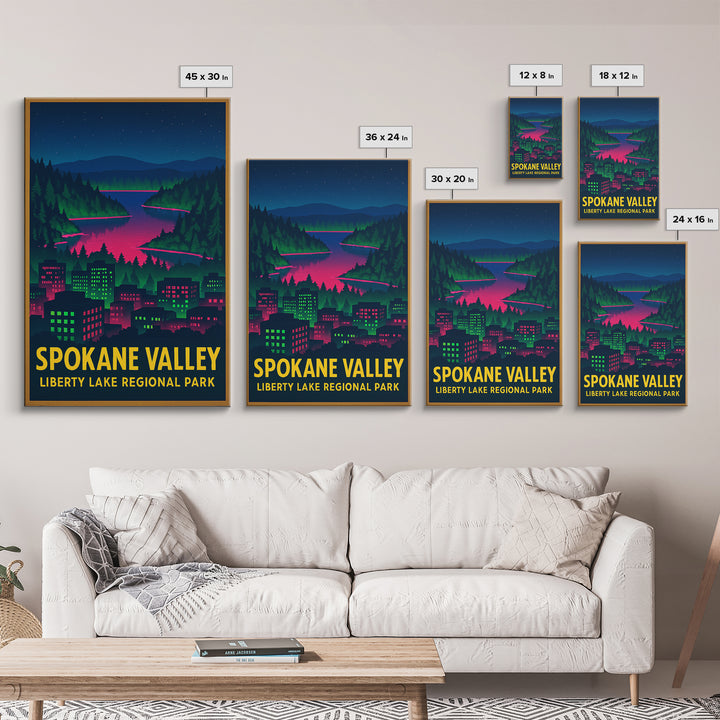Spokane Valley Washington Travel Poster, Canvas Print, Electric Night Poster Art, Spokane Valley City Art, Travel Art Print
