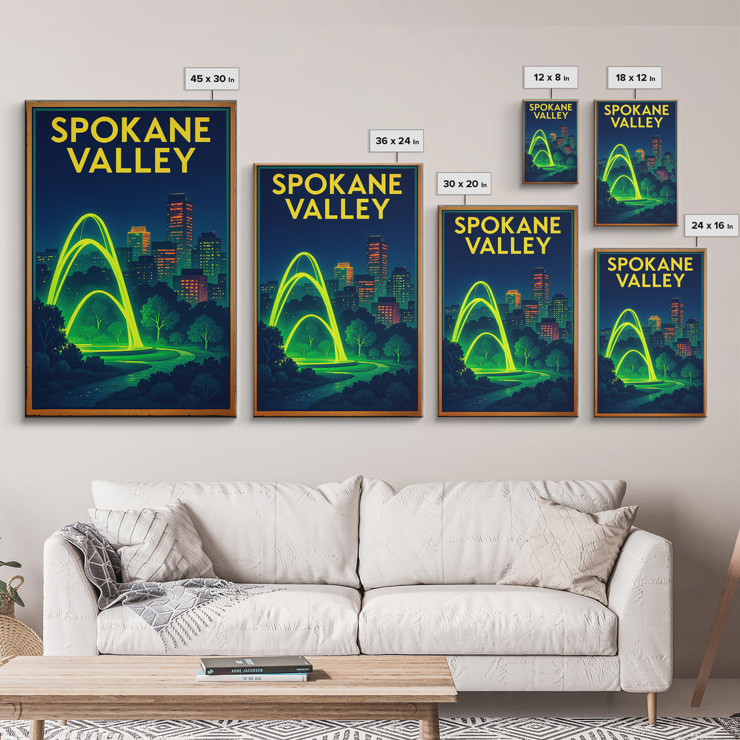Spokane Valley Travel Poster, Framed Canvas Print, Cyberpunk Style City Art, Spokane Valley Wall Art, Vintage Travel Print, Retro Poster