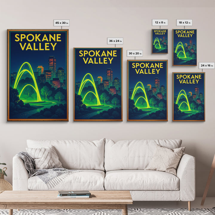 Spokane Valley Travel Poster, Framed Canvas Print, Cyberpunk Style City Art, Spokane Valley Wall Art, Vintage Travel Print, Retro Poster