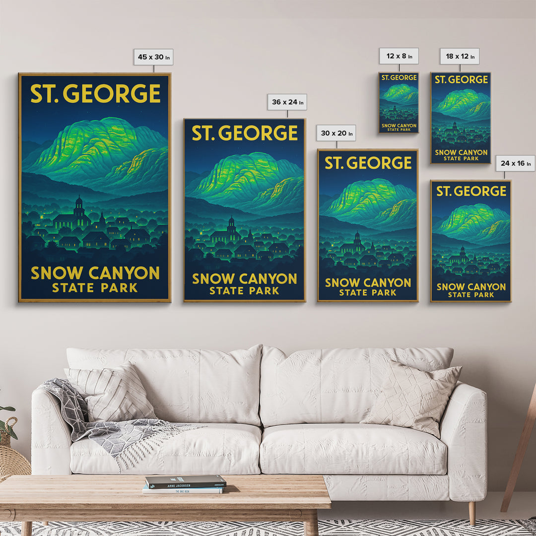 St George Travel Poster, Framed Canvas Print, Cyberpunk Style City Art, St George Art Print, Mid Century Wall Art, Gift For Travelers