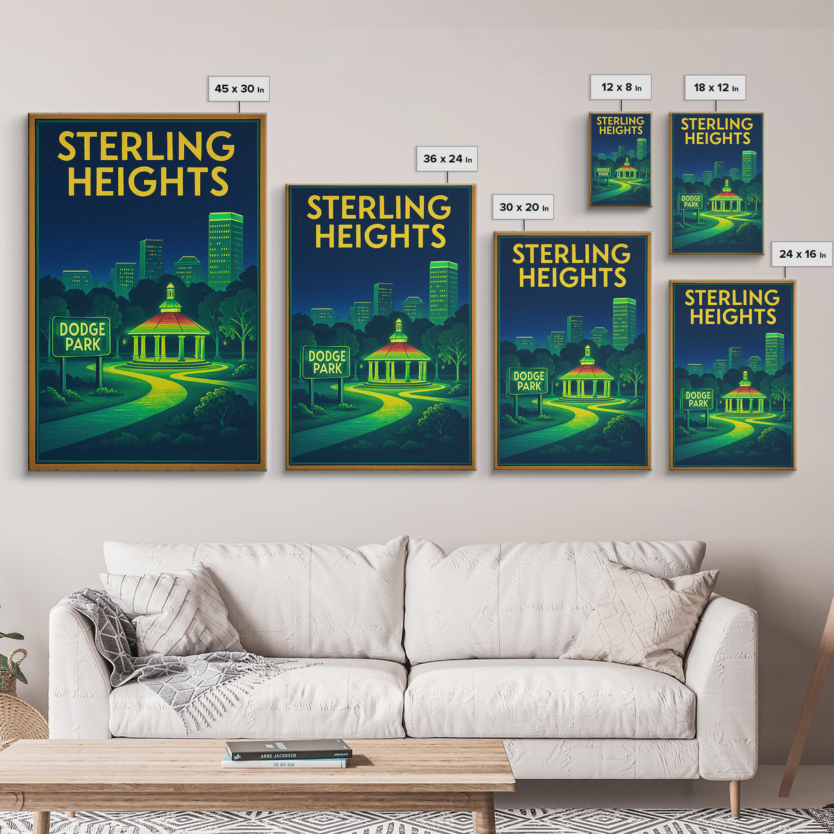 Sterling Heights Travel Poster, Framed Canvas Print, Neon City Skyline Wall Art, Sterling Heights Poster Print, City Illustration