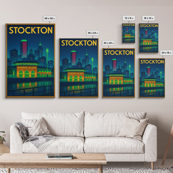 Stockton Travel Poster, Framed Canvas Print, Neon City Skyline Wall Art, Stockton Poster Print, Vintage City Art, Vintage Travel Art