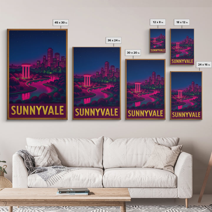 Sunnyvale California Travel Poster, Canvas Print, Neon Downtown Skyline Wall Art, Sunnyvale Art Print, Home Office Decor, Retro Travel Print