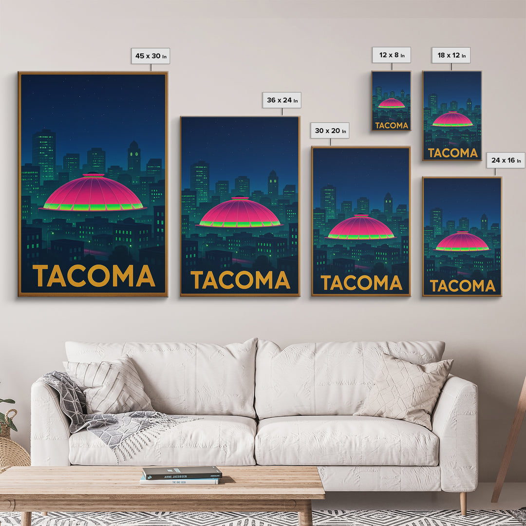 Tacoma Washington Travel Poster, Framed Canvas Print, Cyberpunk Style City Art, Tacoma Travel Art, Vintage City Poster, Mid Century Wall Art