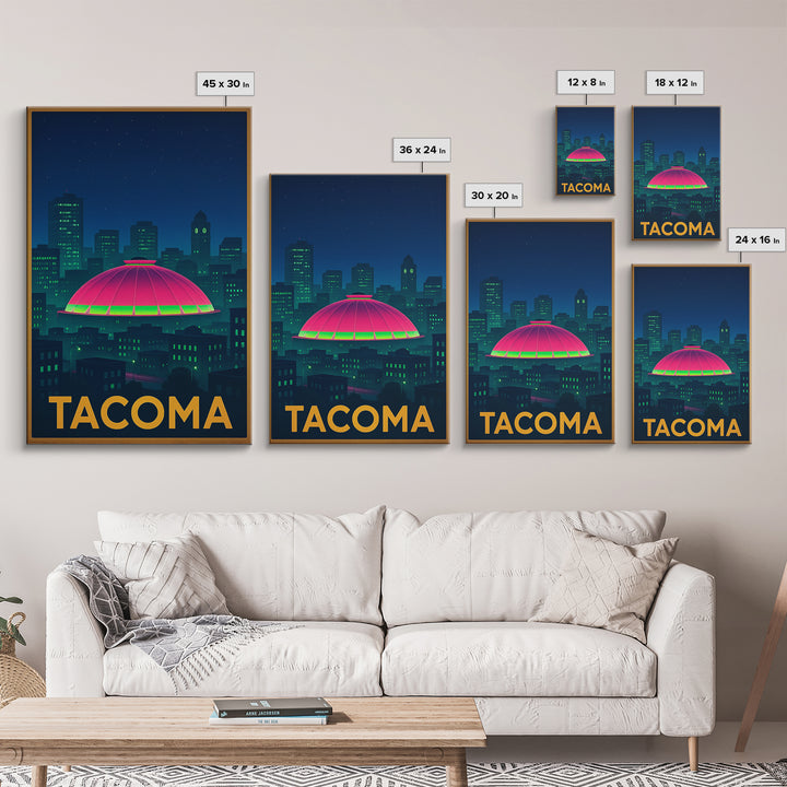 Tacoma Washington Travel Poster, Framed Canvas Print, Cyberpunk Style City Art, Tacoma Travel Art, Vintage City Poster, Mid Century Wall Art