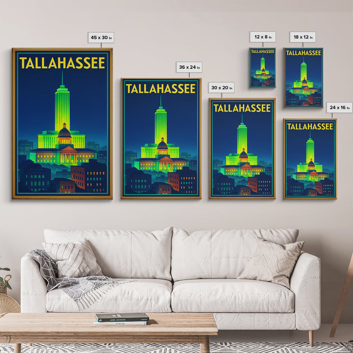 Talahassee Travel Poster, Framed Canvas Print, Neon Downtown Skyline Wall Art, Talahassee Art Print, Gift For Travelers, Vintage City Poster