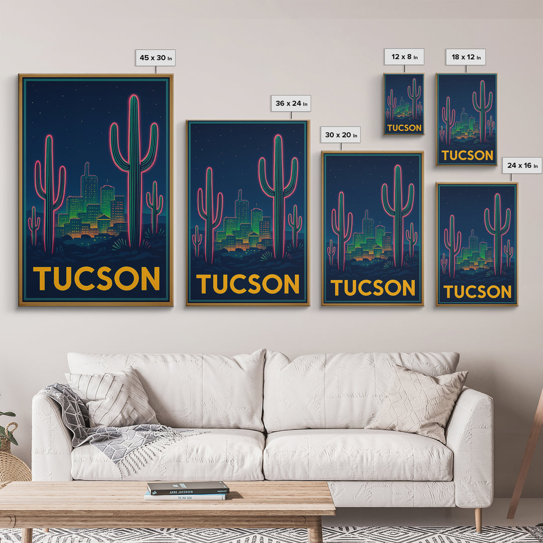 Tucson Arizona Travel Poster, Canvas Print, Retro Neon Travel Art, Tucson City Art, Travel Poster Set, Watercolor Skyline Art, Art Print